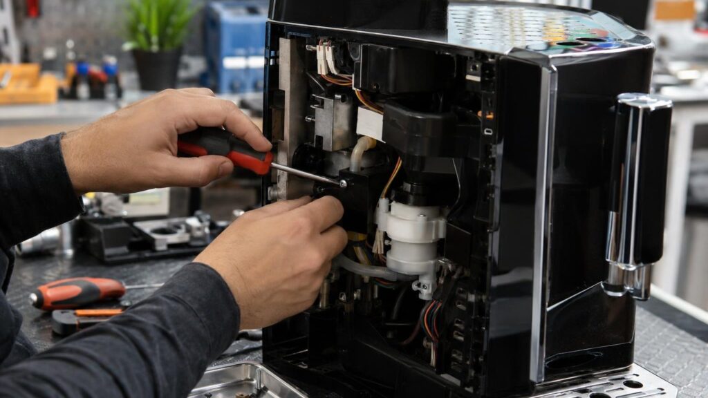 Coffee machine repair at the elMeistrai service point in Kaunas, Šilainiai