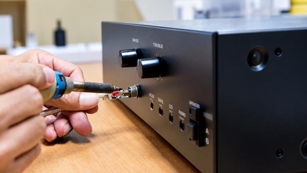 A technician repairs an audio amplifier in an electronics workshop