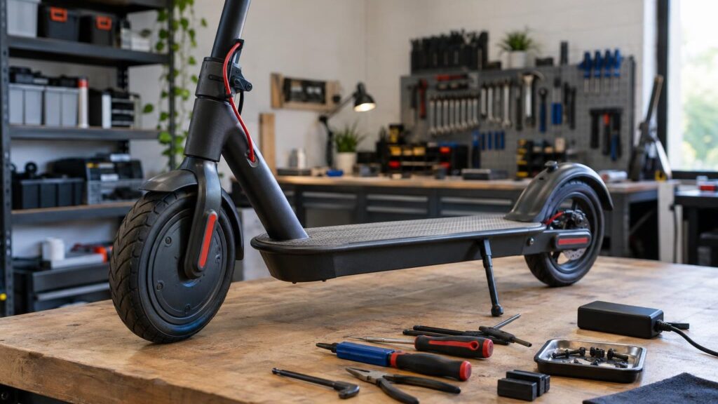 A technician repairs an electric scooter in the workshop