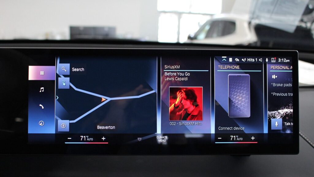 BMW car navigation screen showing a map