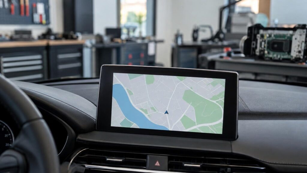 Citroen car navigation screen with a map