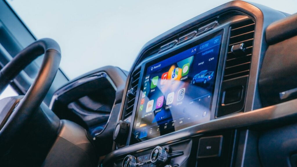 The navigation screen of a Ford car displaying a map
