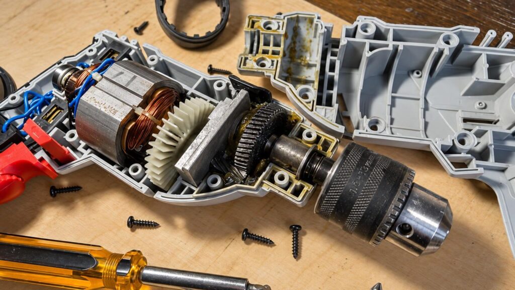 A technician repairs an electric rotary hammer in the workshop