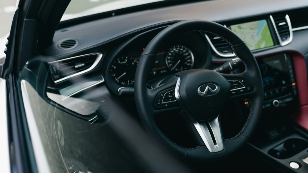 Infiniti car navigation screen with a map