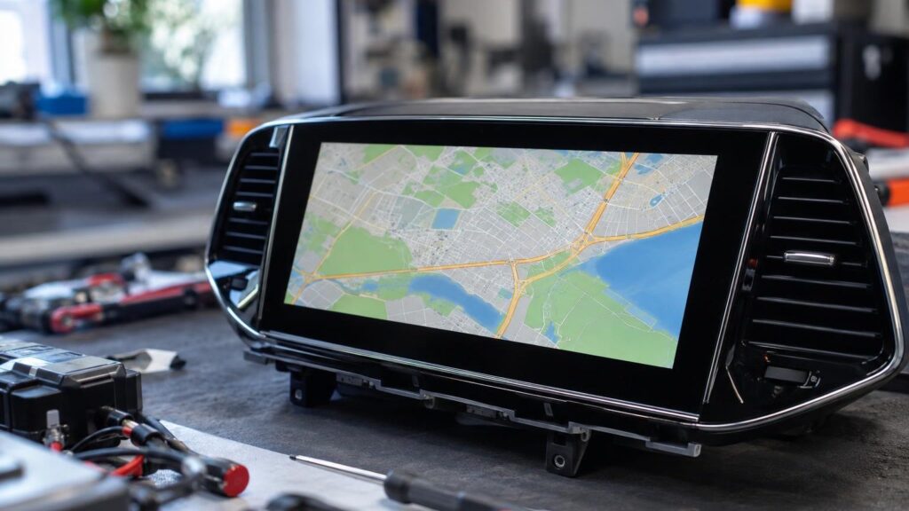 Kia car navigation screen with a map
