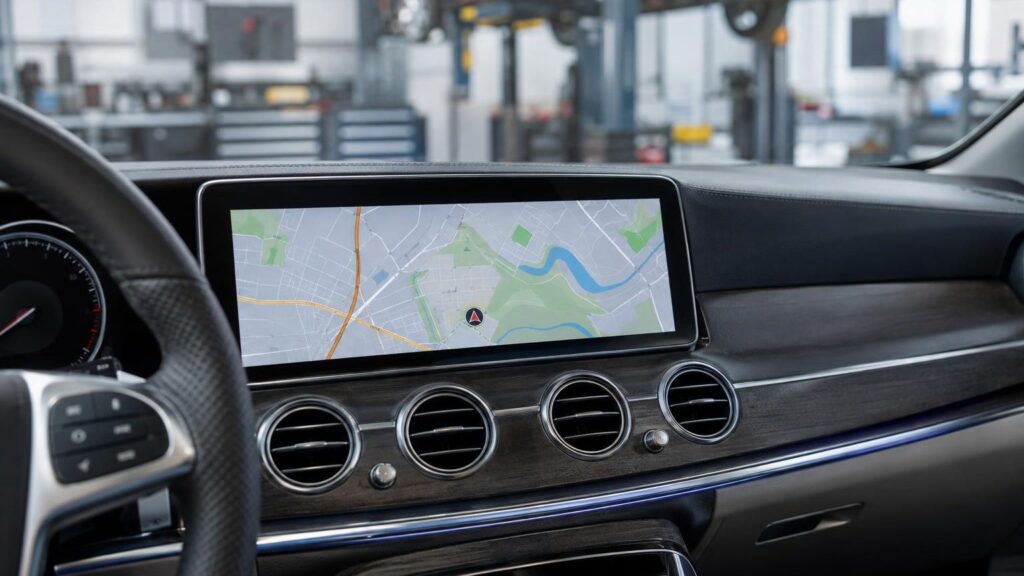 Mercedes Benz car navigation screen with a map