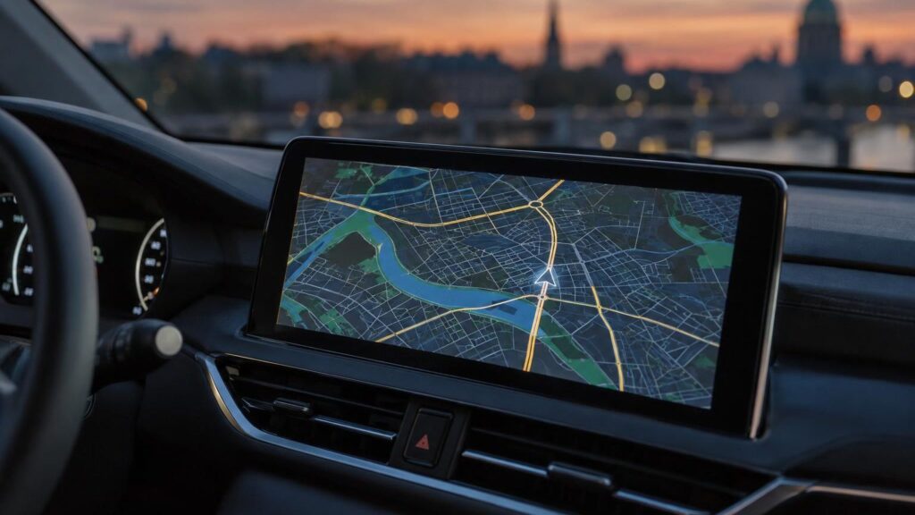 The navigation screen of a Mitsubishi car displays a map