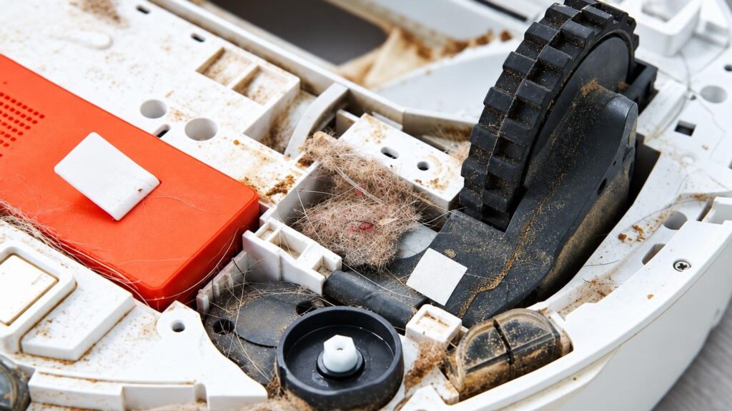 A technician repairs a robot vacuum cleaner at the service point