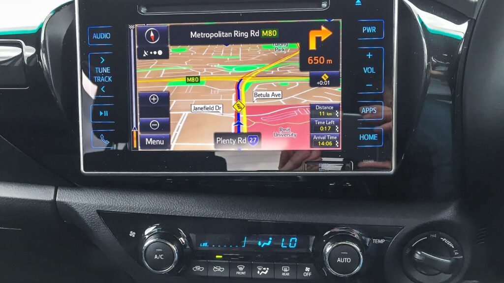 Toyota car navigation screen with a map