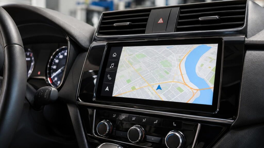 Volvo car navigation screen with a map