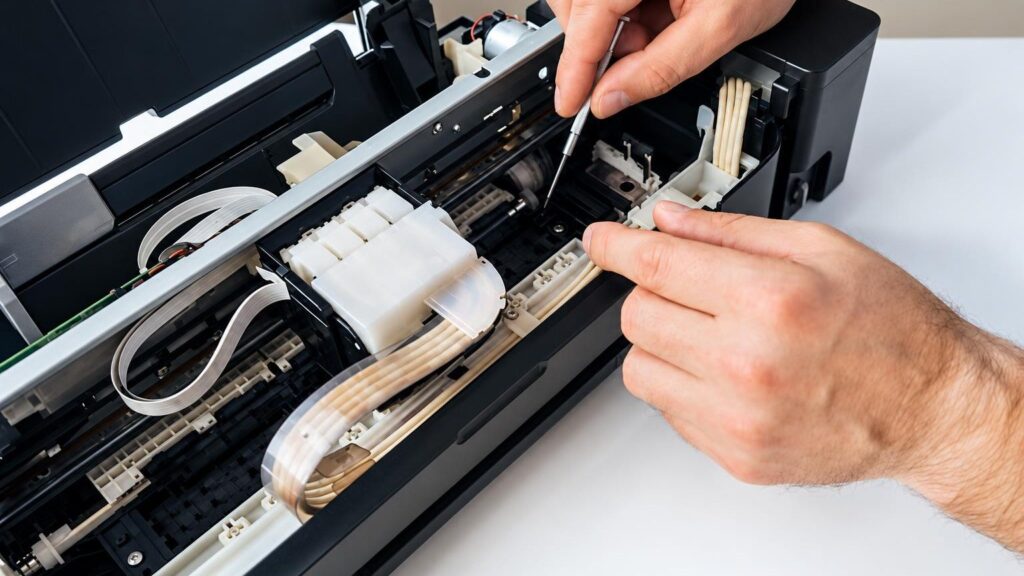 A technician repairs a printer at an elMeistrai service point