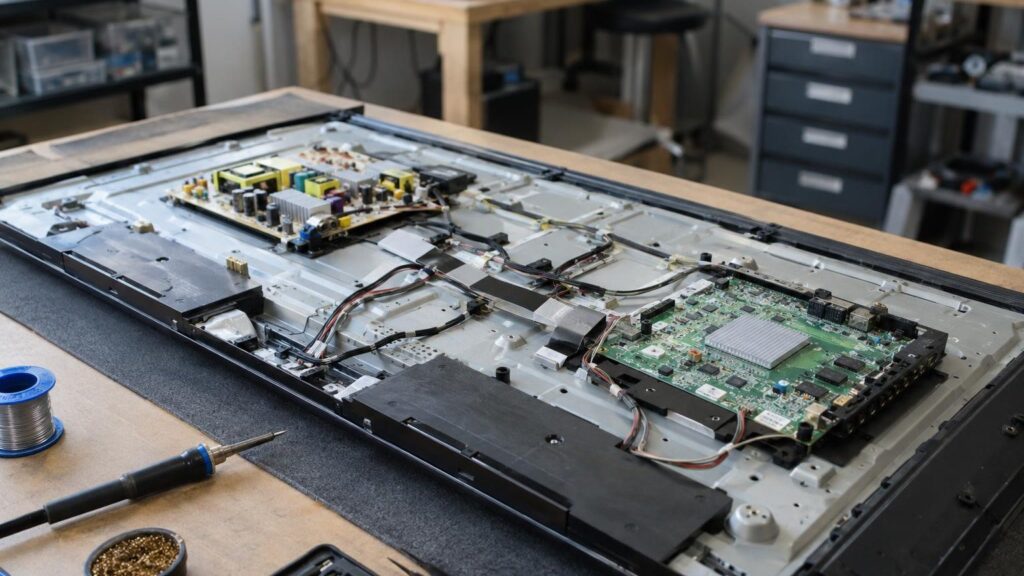 A technician repairs a flat-screen TV at the elMeistrai service point